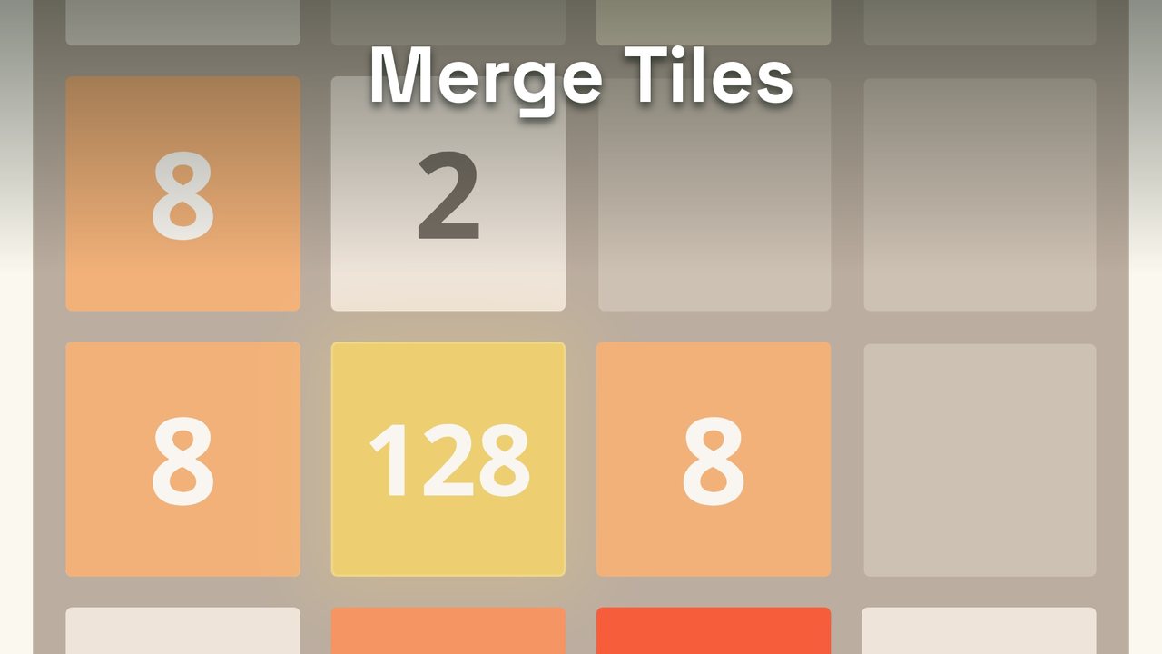Merge Tiles: a 4×4 board of orange and yellow number tiles, including 128