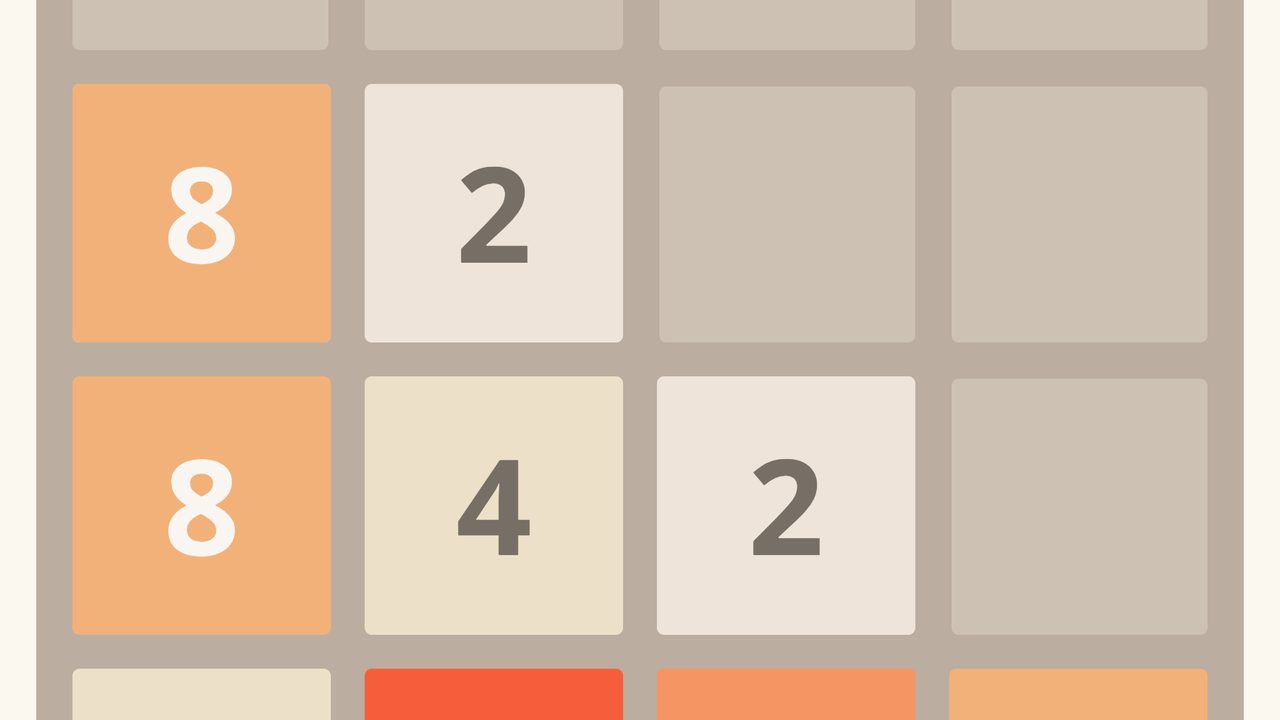 Mid-game: rows of 8, 4 and 2 tiles ready to merge