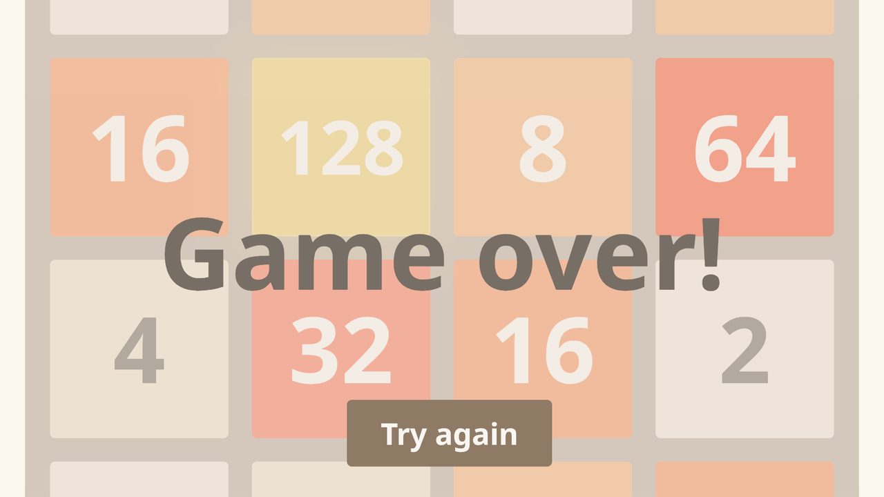 Game over: no moves left, with the Try again button