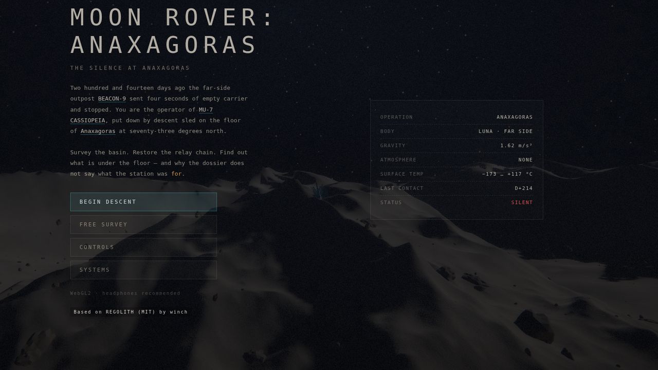 The Moon Rover: Anaxagoras title screen and main menu