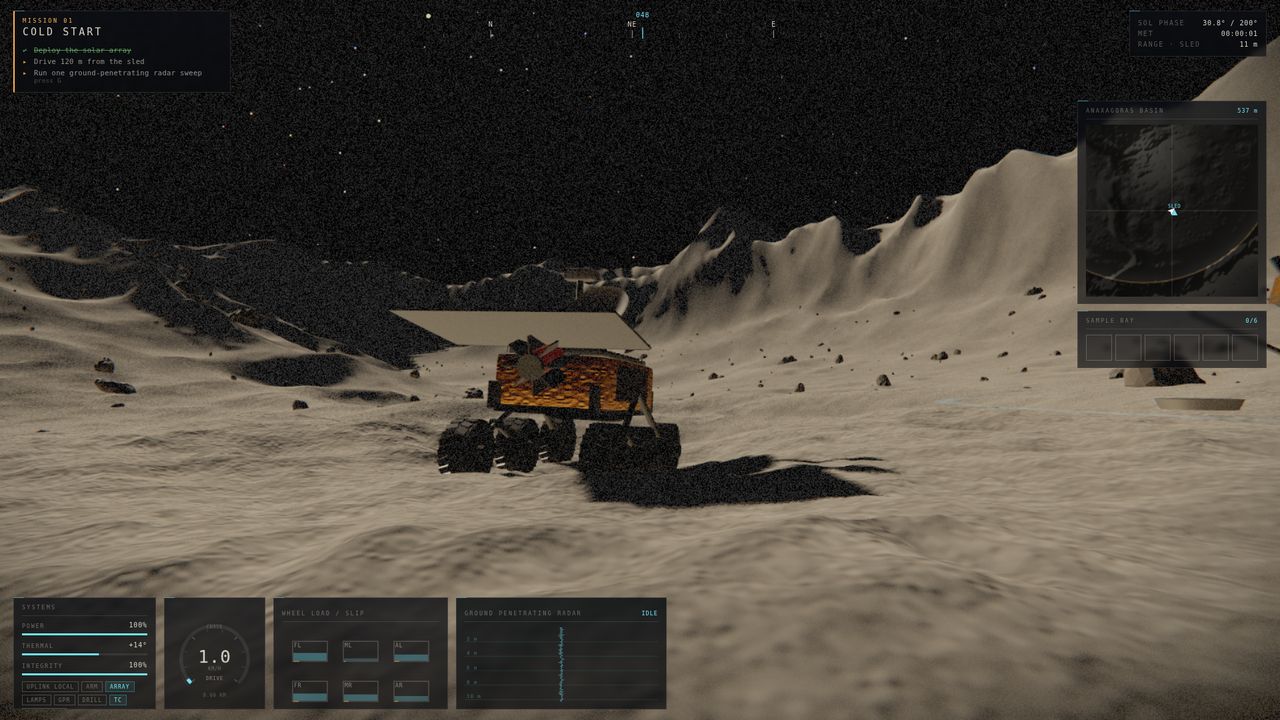 Mission 1: driving out from the sled with the objectives in the top-left