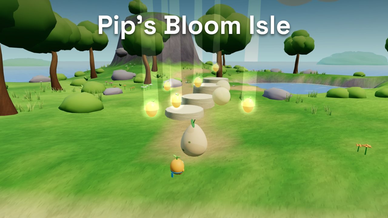 Pip's Bloom Isle: Tansy and Pip on a grassy island path under sunlight beams