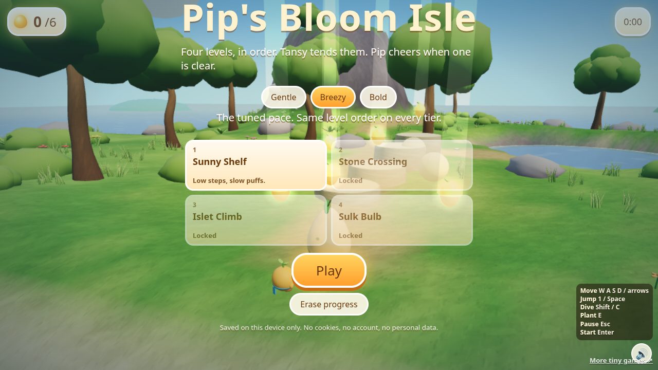 Level select: four World 1 levels and the Gentle, Breezy and Bold tiers