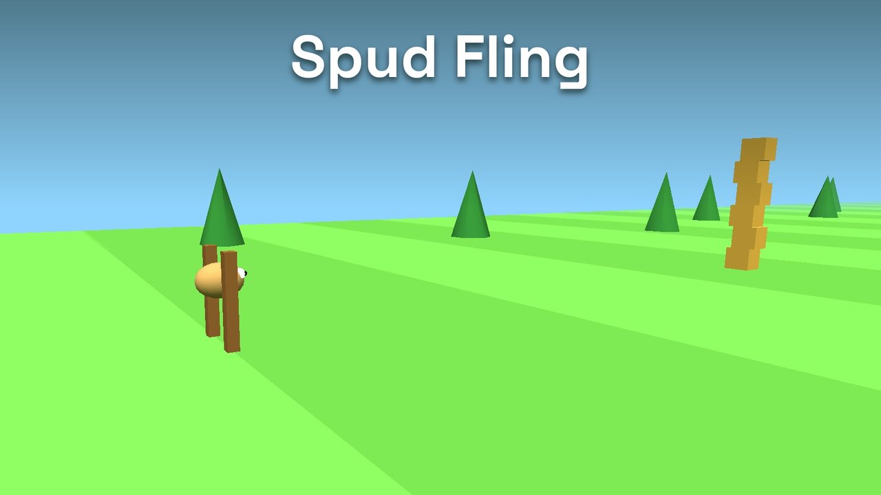 Spud Fling: a googly-eyed potato on a giant slingshot over a green field, crate tower ahead