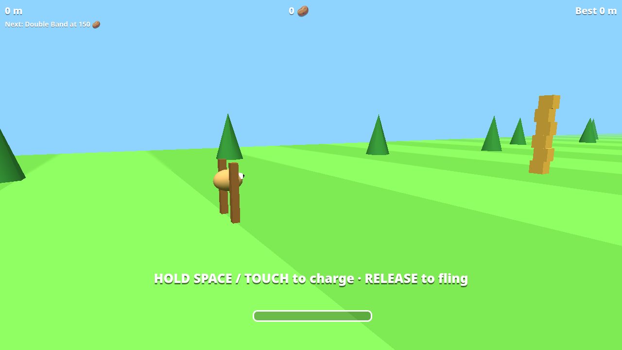 Start screen: Spud loaded in the slingshot, crate tower in the distance