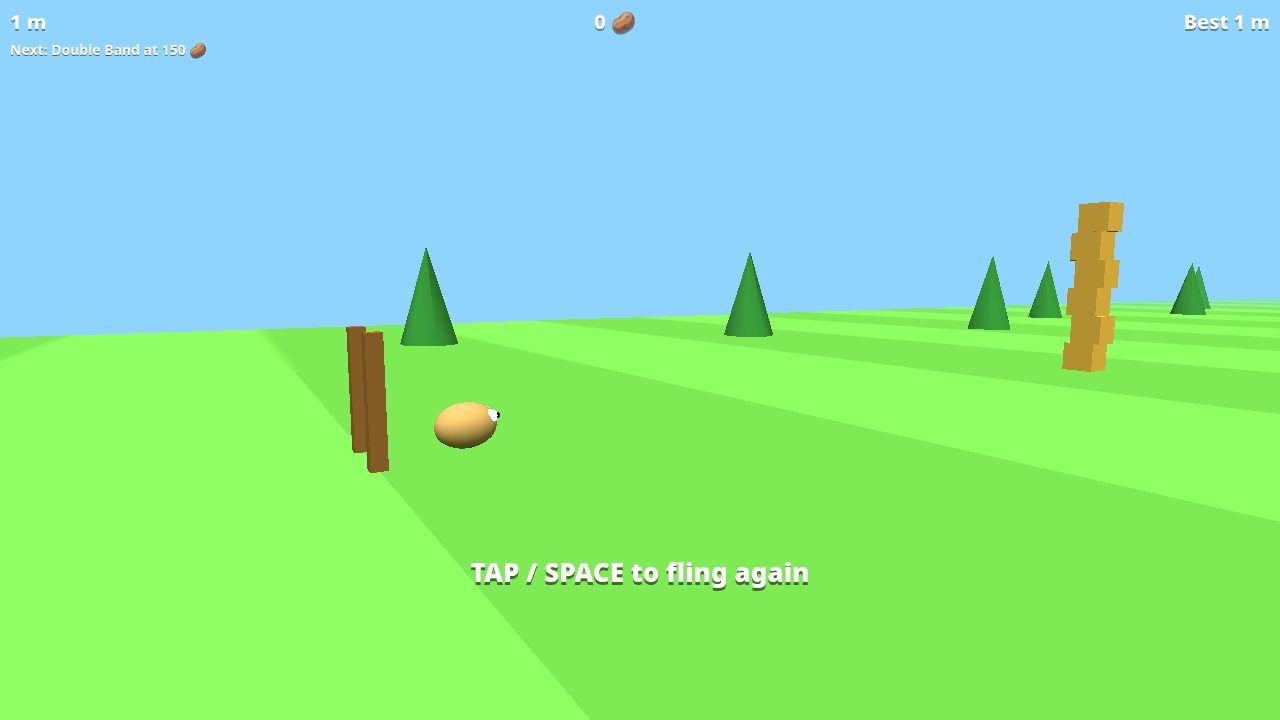 Spud mid-flight over the green field toward the crates